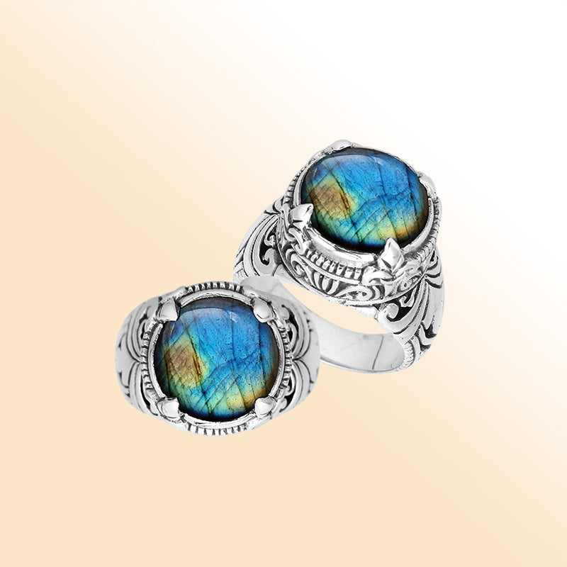Sterling Silver Balinese Labradorite Ring With Elegant Round Shape Design