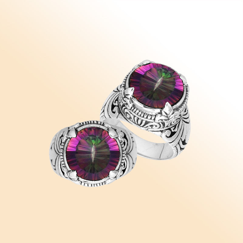 Sterling Silver Balinese Mystic Quartz Ring With Elegant Round Shape Design