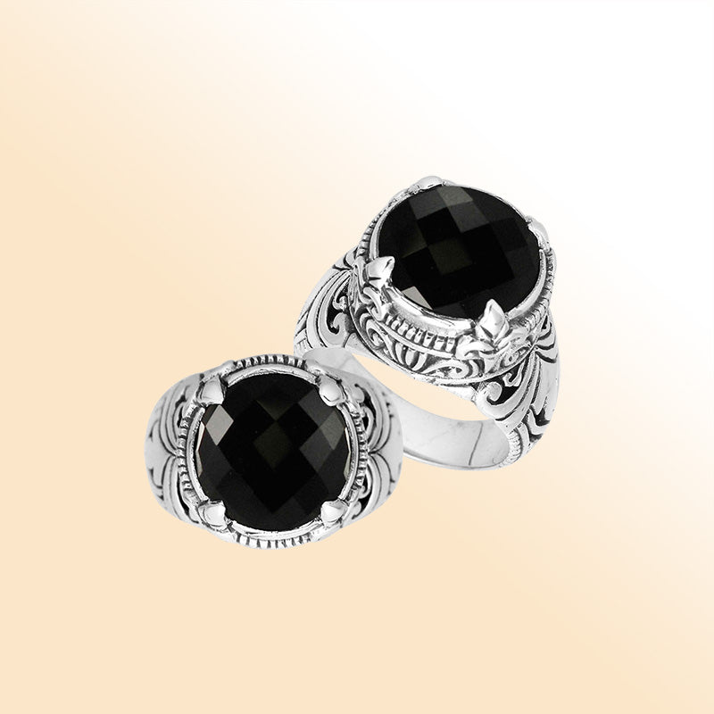 Sterling Silver Balinese Black Onyx Ring With Elegant Round Shape Design