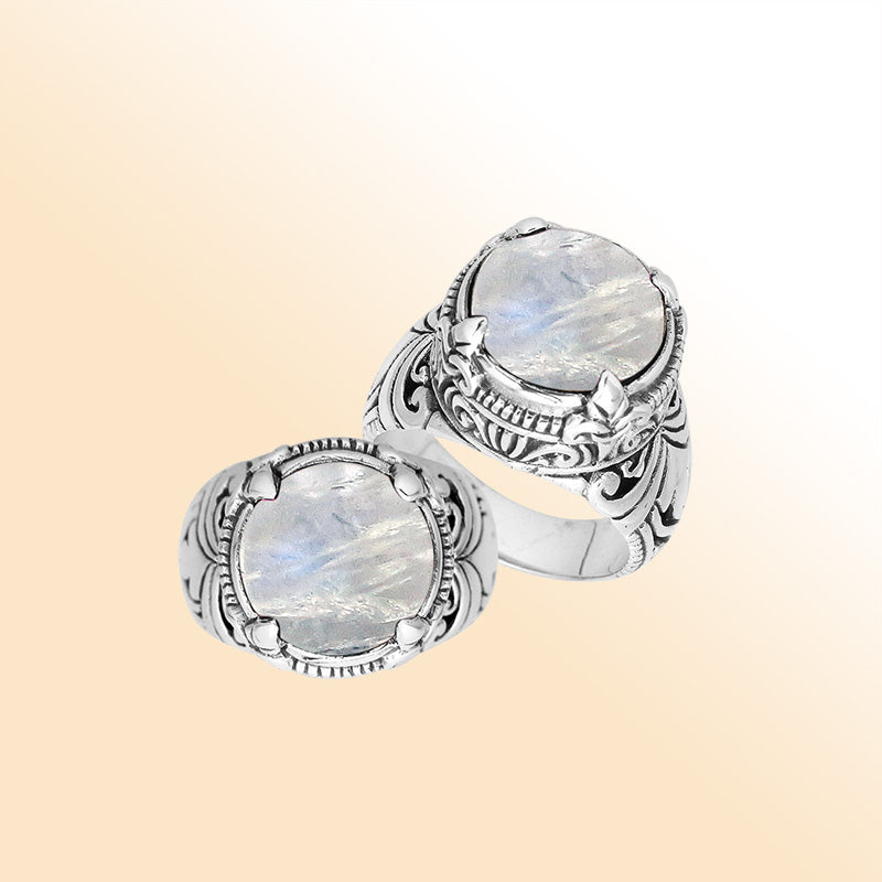 Sterling Silver Balinese Rainbow Moonstone Ring With Elegant Round Shape Design