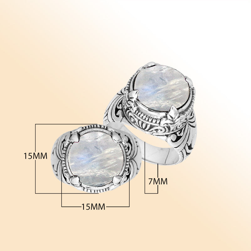 Sterling Silver Balinese Rainbow Moonstone Ring With Elegant Round Shape Design
