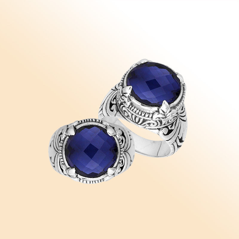 Sterling Silver Balinese Blue Sapphire Quartz Ring With Elegant Round Shape Design