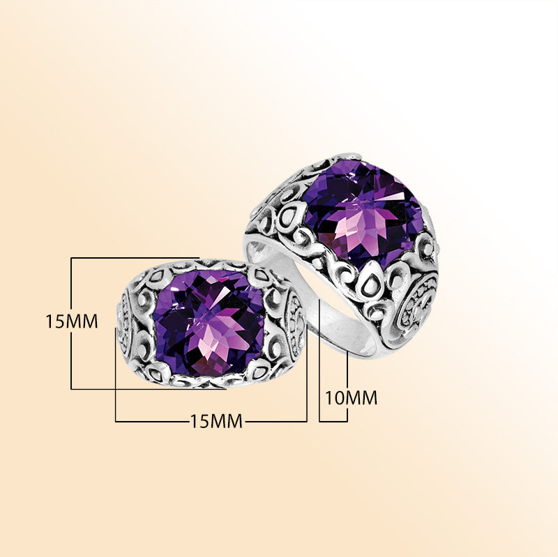 Sterling Silver Balinese Amethyst Quartz Ring With Artistic Scroll Pattern Design
