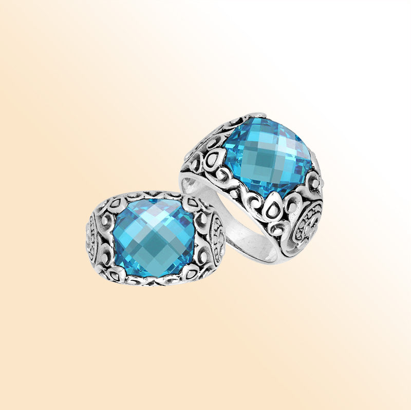 Sterling Silver Balinese Blue Topaz Quartz Ring With Elegant Round Shape Design