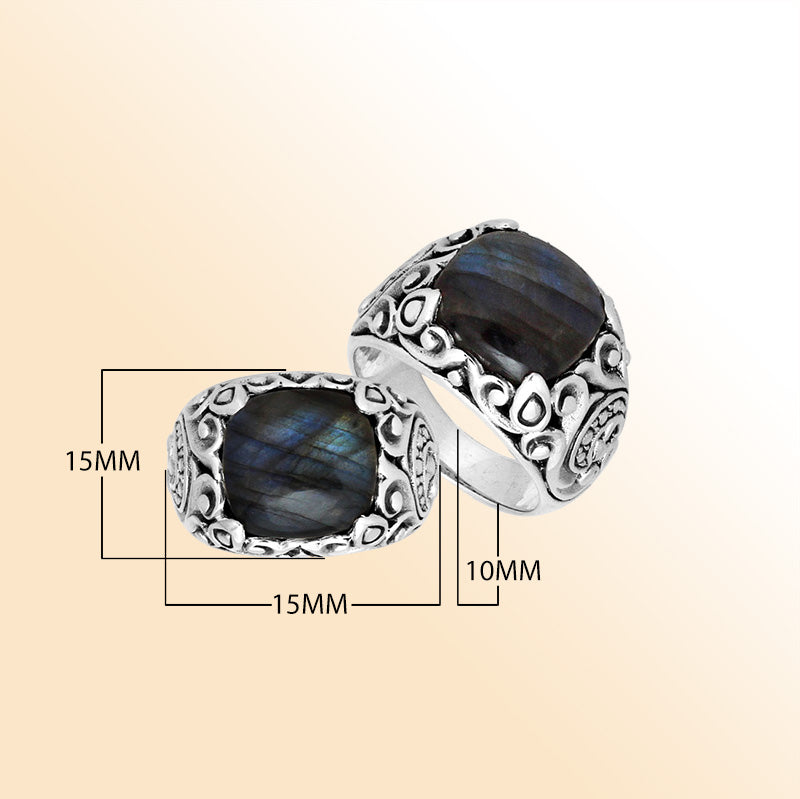 Sterling Silver Balinese Labradorite Ring With Elegant Leaf Pattern Design
