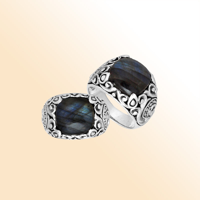 Sterling Silver Balinese Labradorite Ring With Elegant Leaf Pattern Design