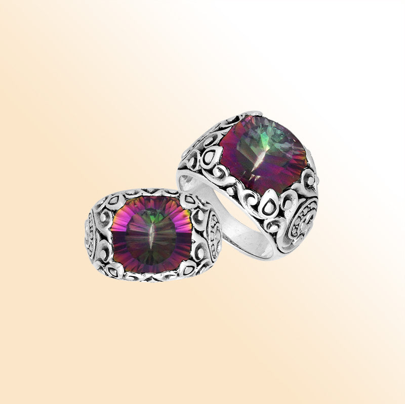 Sterling Silver Balinese Mystic Quartz Ring With Artistic Scroll Pattern Design