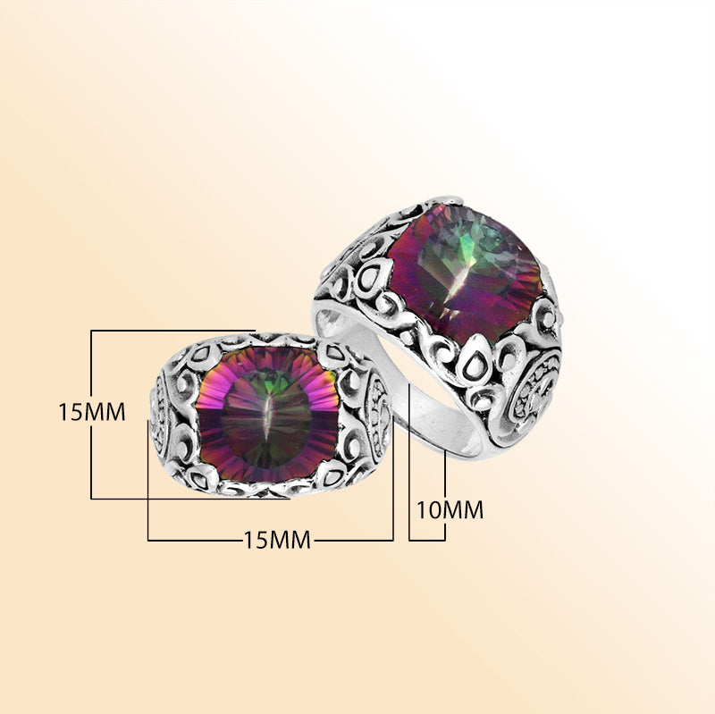 Sterling Silver Balinese Mystic Quartz Ring With Artistic Scroll Pattern Design