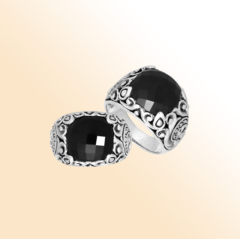 Sterling Silver Balinese Black Onyx Ring With Artistic Scroll Pattern Design