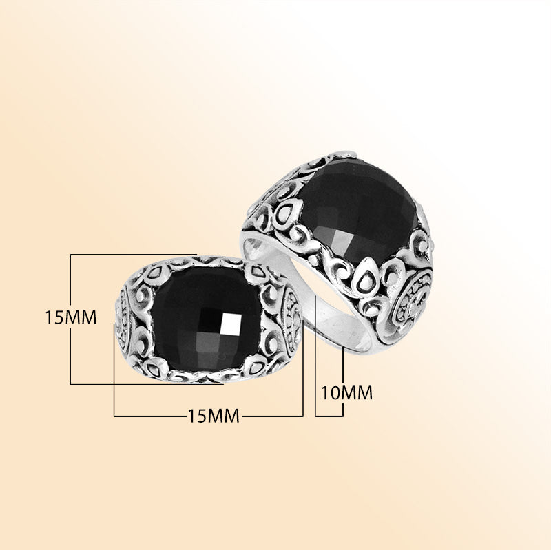 Sterling Silver Balinese Black Onyx Ring With Artistic Scroll Pattern Design