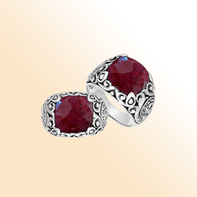Sterling Silver Balinese Ruby Ring With Artistic Scroll Pattern Design