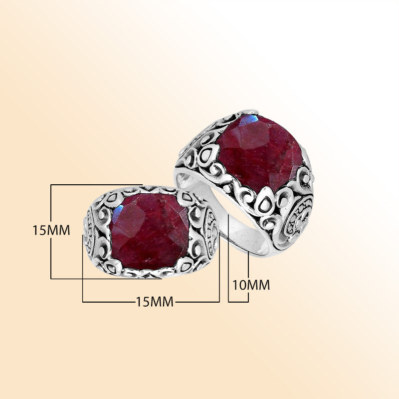 Sterling Silver Balinese Ruby Ring With Artistic Scroll Pattern Design