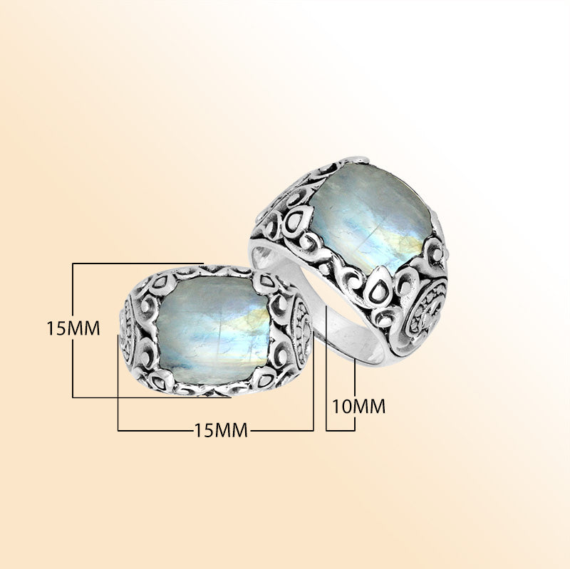 Sterling Silver Balinese Rainbow Moonstone Ring With Elegant Leaf Pattern Design
