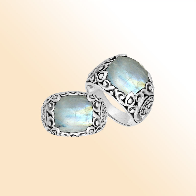 Sterling Silver Balinese Rainbow Moonstone Ring With Elegant Leaf Pattern Design