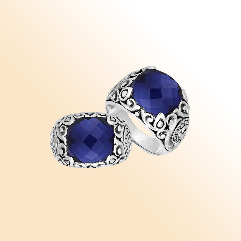 Sterling Silver Balinese Sapphire Quartz Ring With Artistic Scroll Pattern Design