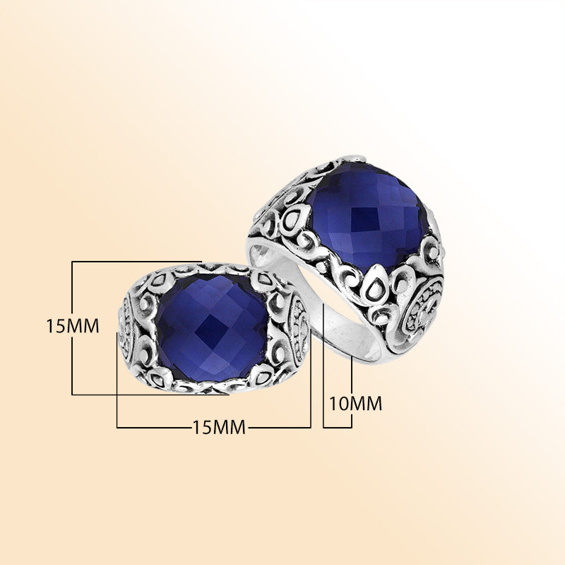 Sterling Silver Balinese Sapphire Quartz Ring With Artistic Scroll Pattern Design