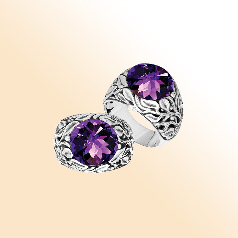 Sterling Silver Balinese Amethyst Quartz Ring With Artistic Leaf Pattern Design