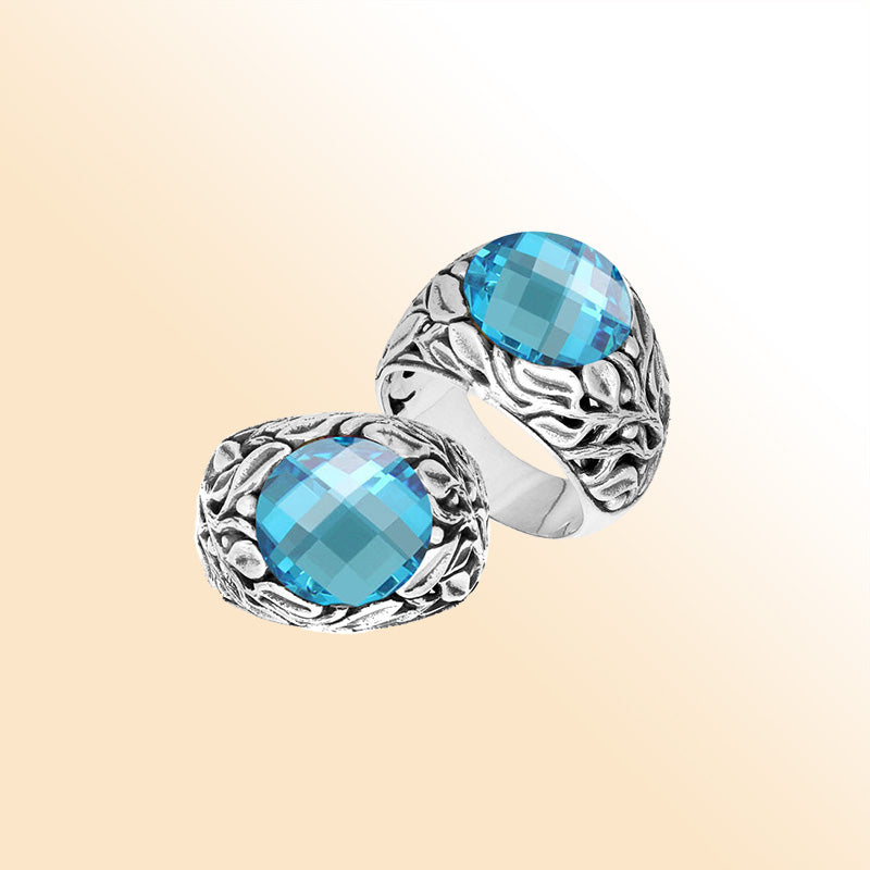 Sterling Silver Balinese Blue Topaz Quartz Ring With Artistic Leaf Pattern Design