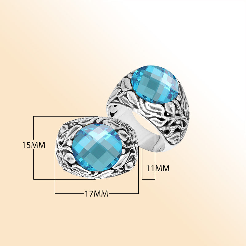 Sterling Silver Balinese Blue Topaz Quartz Ring With Artistic Leaf Pattern Design