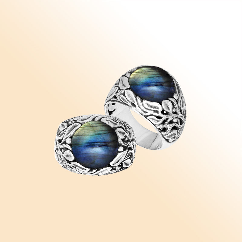 Sterling Silver Balinese Labradorite Ring With Artistic Leaf Pattern Design