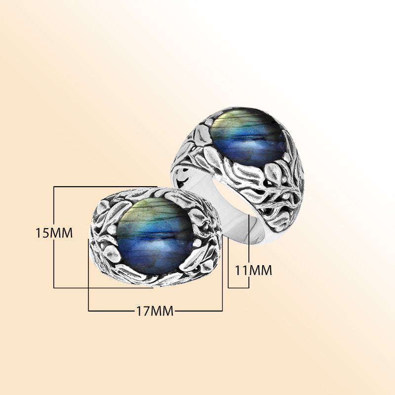 Sterling Silver Balinese Labradorite Ring With Artistic Leaf Pattern Design
