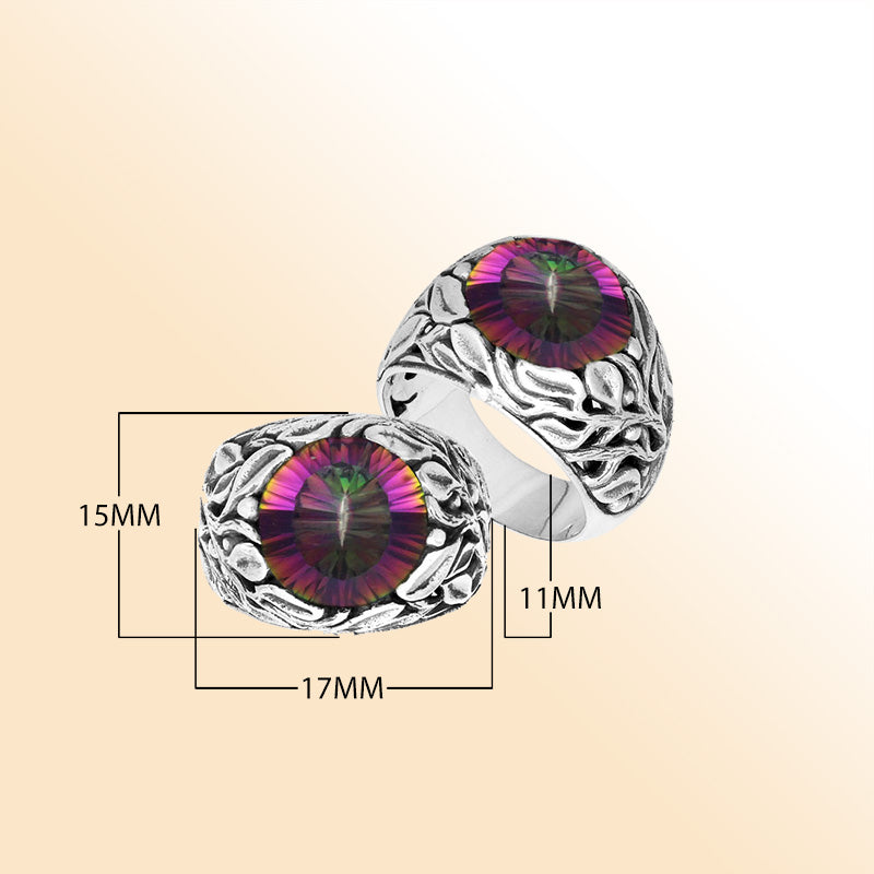 Sterling Silver Balinese Mystic Quartz Ring With Artistic Leaf Pattern Design