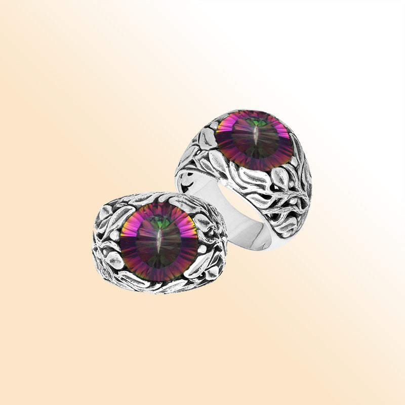 Sterling Silver Balinese Mystic Quartz Ring With Artistic Leaf Pattern Design