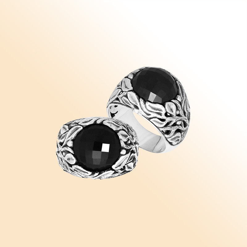 Sterling Silver Black Onyx Quartz Leaf Motif Ring Handcrafted In Bali Indonesia