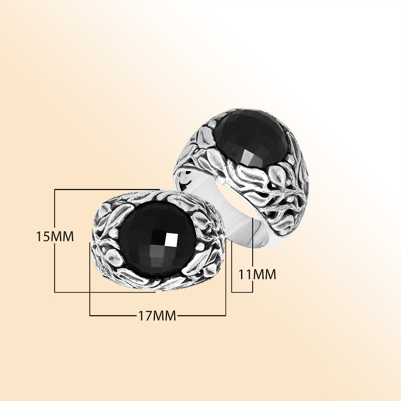 Sterling Silver Black Onyx Quartz Leaf Motif Ring Handcrafted In Bali Indonesia