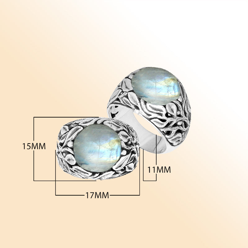 Sterling Silver Balinese Rainbow Moonstone Ring With Artistic Leaf Pattern Design