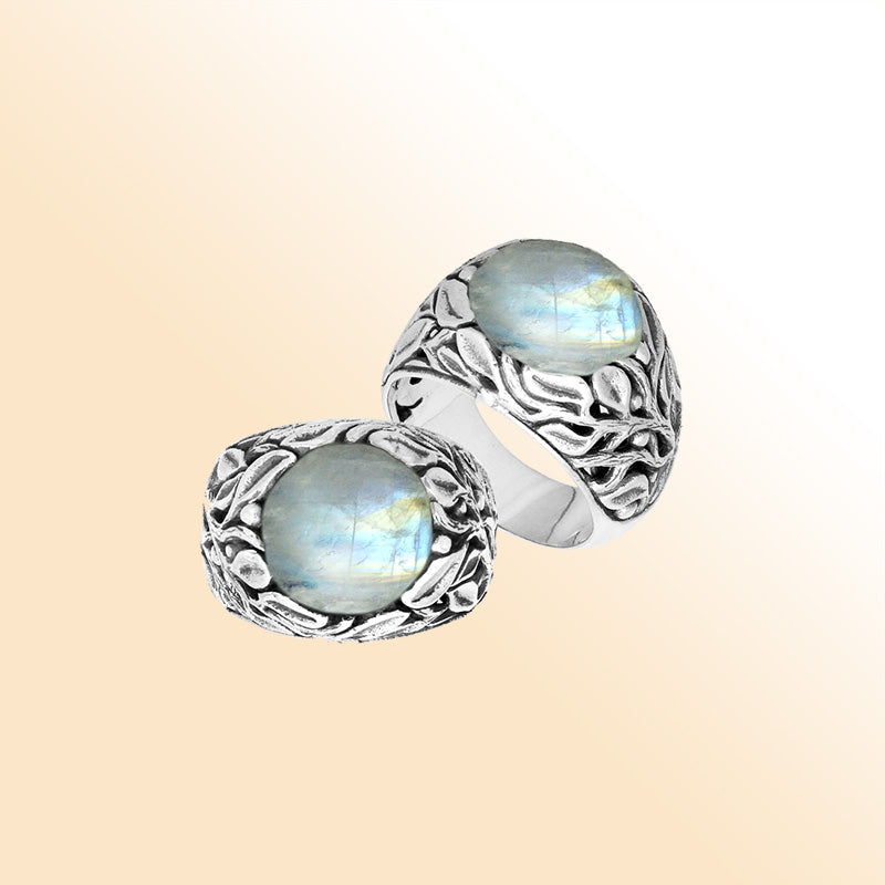 Sterling Silver Balinese Rainbow Moonstone Ring With Artistic Leaf Pattern Design