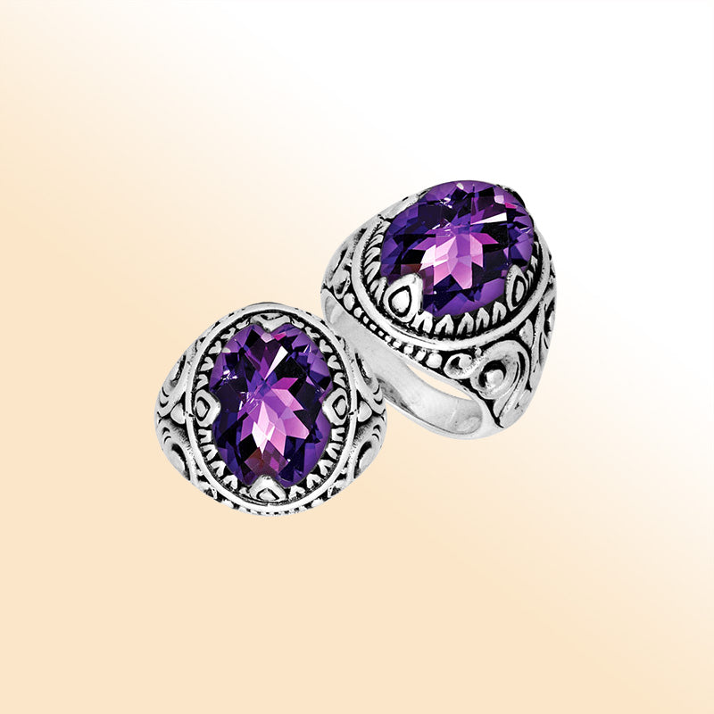 Sterling Silver Amethyst Quartz Oval Balinese Ring Handcrafted In Indonesia