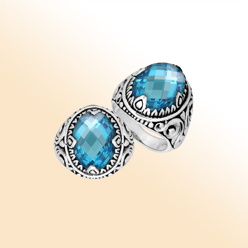 Sterling Silver Blue Topaz Quartz Oval Balinese Ring Handcrafted In Indonesia