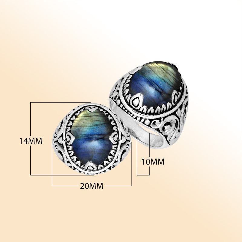 Sterling Silver Labradorite Oval Balinese Ring Handcrafted In Indonesia