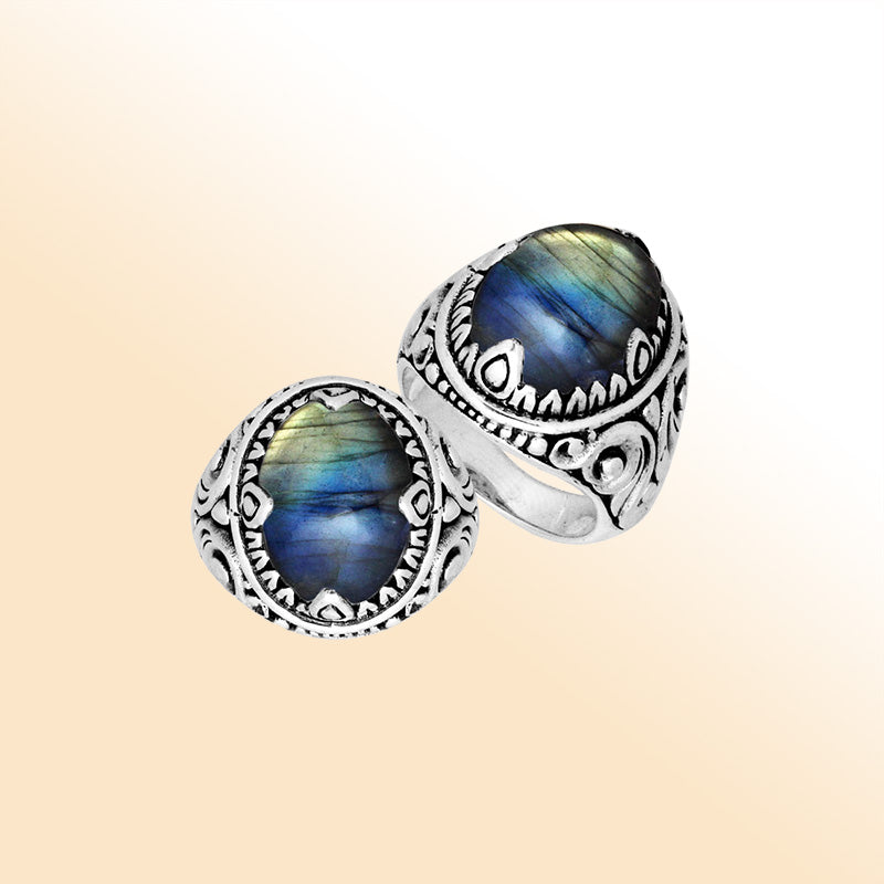 Sterling Silver Labradorite Oval Balinese Ring Handcrafted In Indonesia