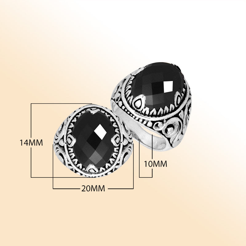 Sterling Silver Black Onyx Quartz Oval Balinese Ring Handcrafted In Indonesia