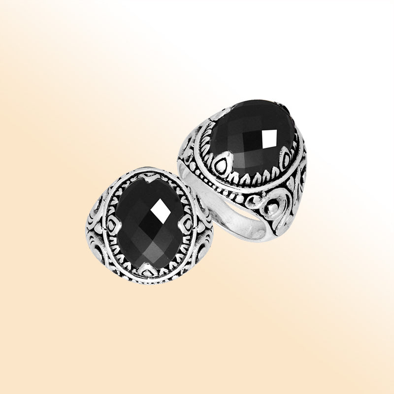 Sterling Silver Black Onyx Quartz Oval Balinese Ring Handcrafted In Indonesia