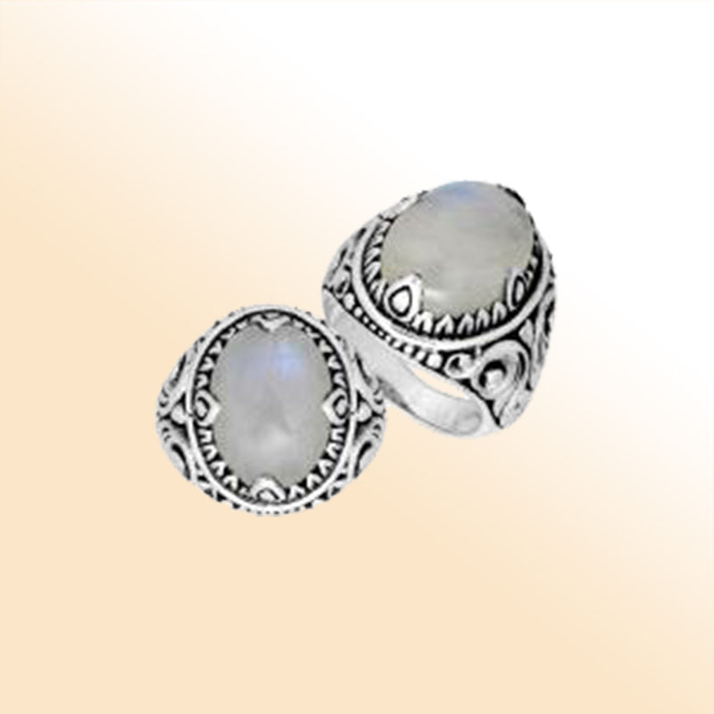 Sterling Silver Rainbow Moonstone Oval Balinese Ring Handcrafted In Indonesia