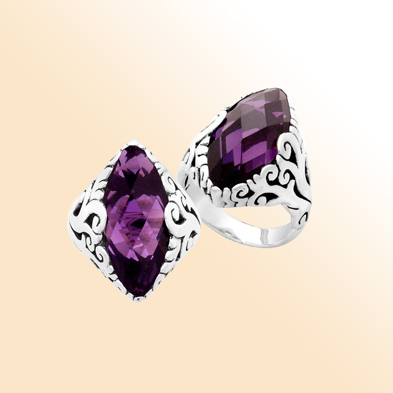 Sterling Silver Amethyst Quartz Marquise Balinese Ring Handcrafted In Indonesia