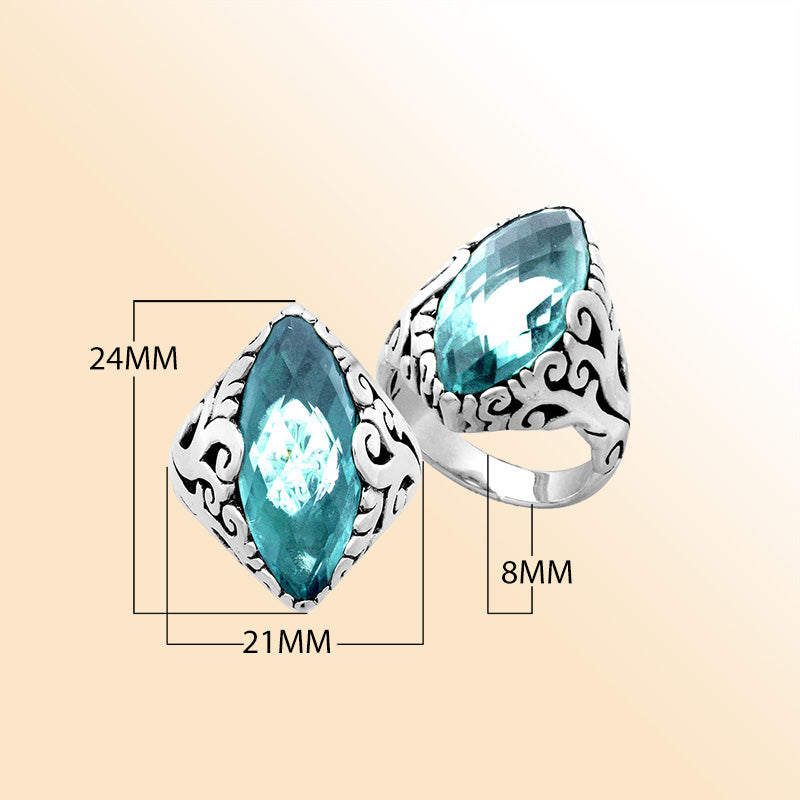 Sterling Silver Blue Topaz Quartz Marquise Balinese Ring Handcrafted In Indonesia