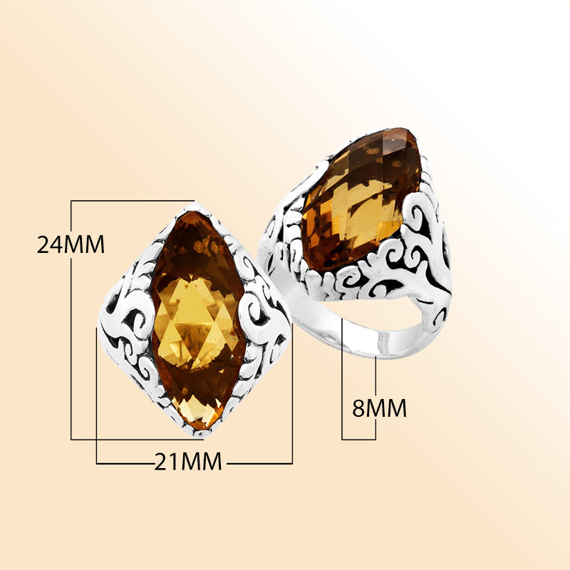 Sterling Silver Citrine Quartz Marquise Balinese Ring Handcrafted In Indonesia