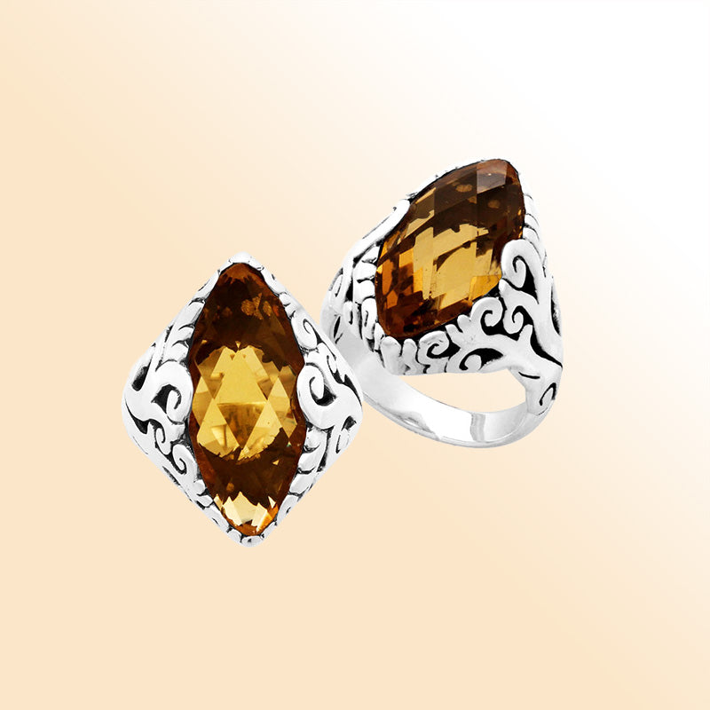 Sterling Silver Citrine Quartz Marquise Balinese Ring Handcrafted In Indonesia