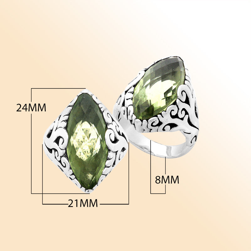 Sterling Silver Green Amethyst Quartz Marquise Balinese Ring Handcrafted In Indonesia