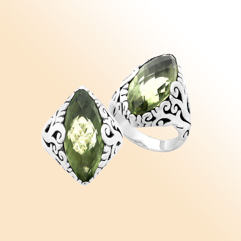 Sterling Silver Green Amethyst Quartz Marquise Balinese Ring Handcrafted In Indonesia
