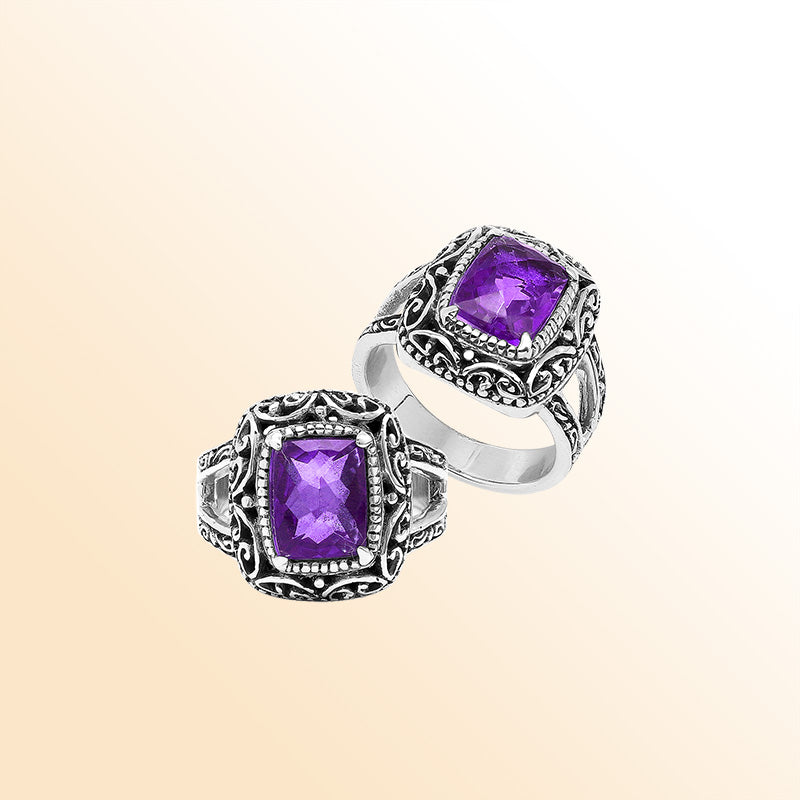 Sterling Silver Amethyst Quartz Cushion Balinese Ring Handcrafted In Indonesia