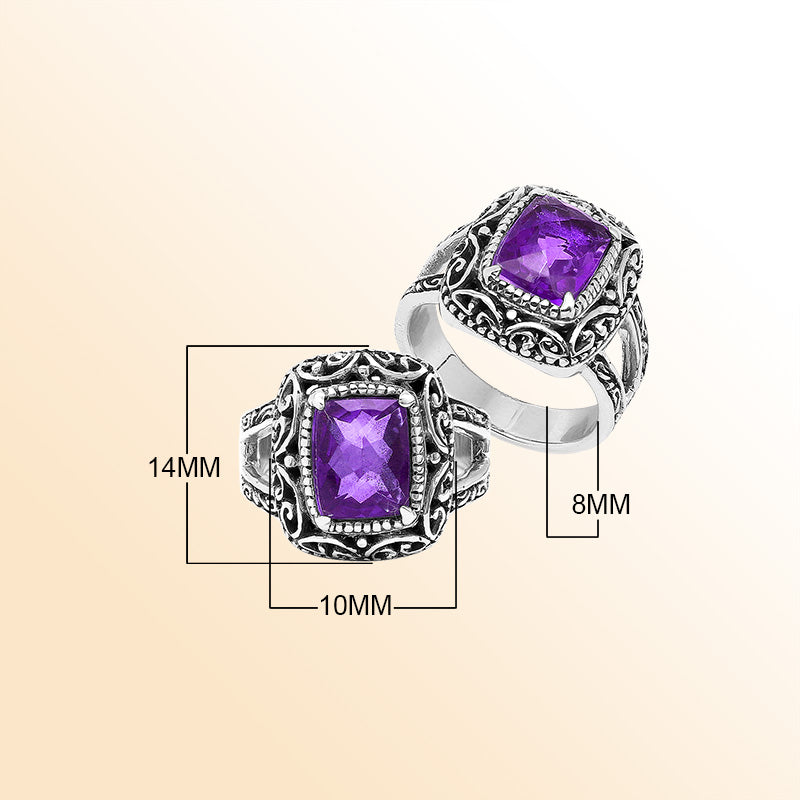 Sterling Silver Amethyst Quartz Cushion Balinese Ring Handcrafted In Indonesia