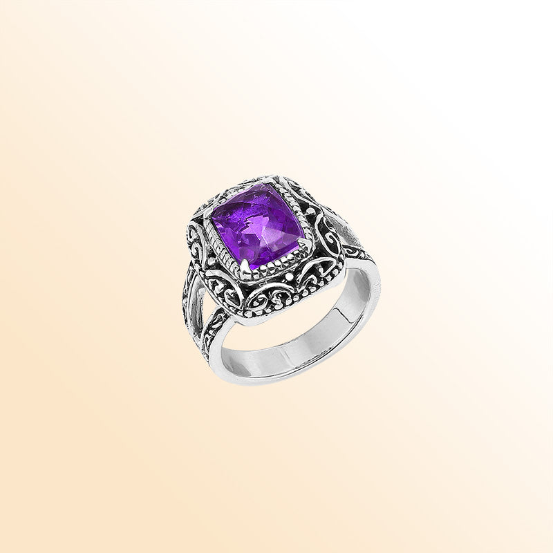 Sterling Silver Amethyst Quartz Cushion Balinese Ring Handcrafted In Indonesia