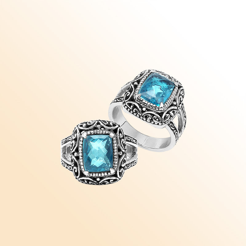 Sterling Silver Blue Topaz Quartz Cushion Balinese Ring Handcrafted In Indonesia