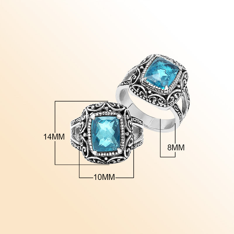 Sterling Silver Blue Topaz Quartz Cushion Balinese Ring Handcrafted In Indonesia
