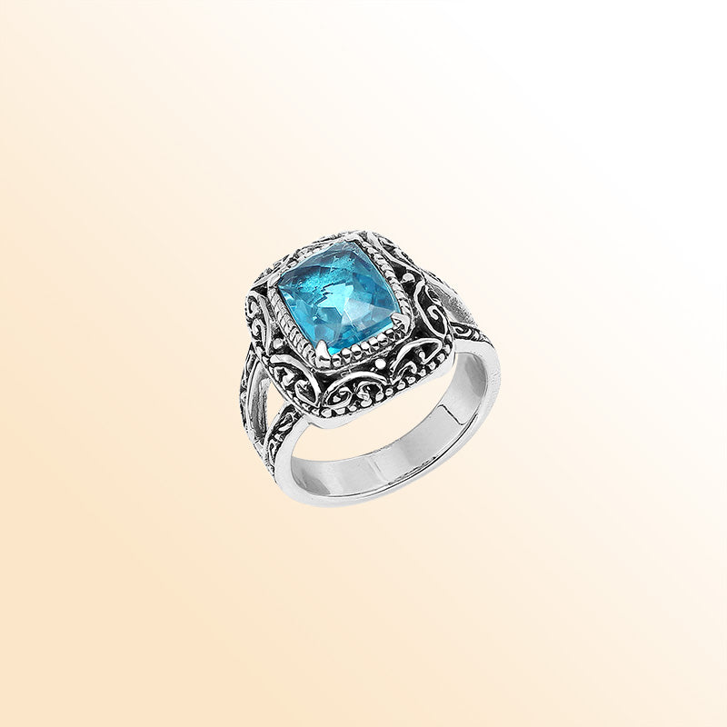 Sterling Silver Blue Topaz Quartz Cushion Balinese Ring Handcrafted In Indonesia
